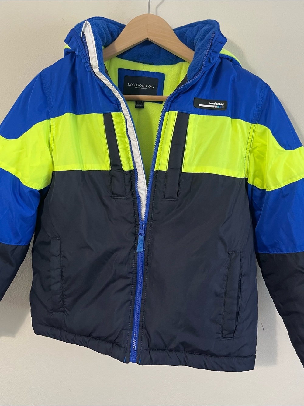 Boys London Fog Blue, Neon Green/yellow, & Black Hooded Puffer Jacket